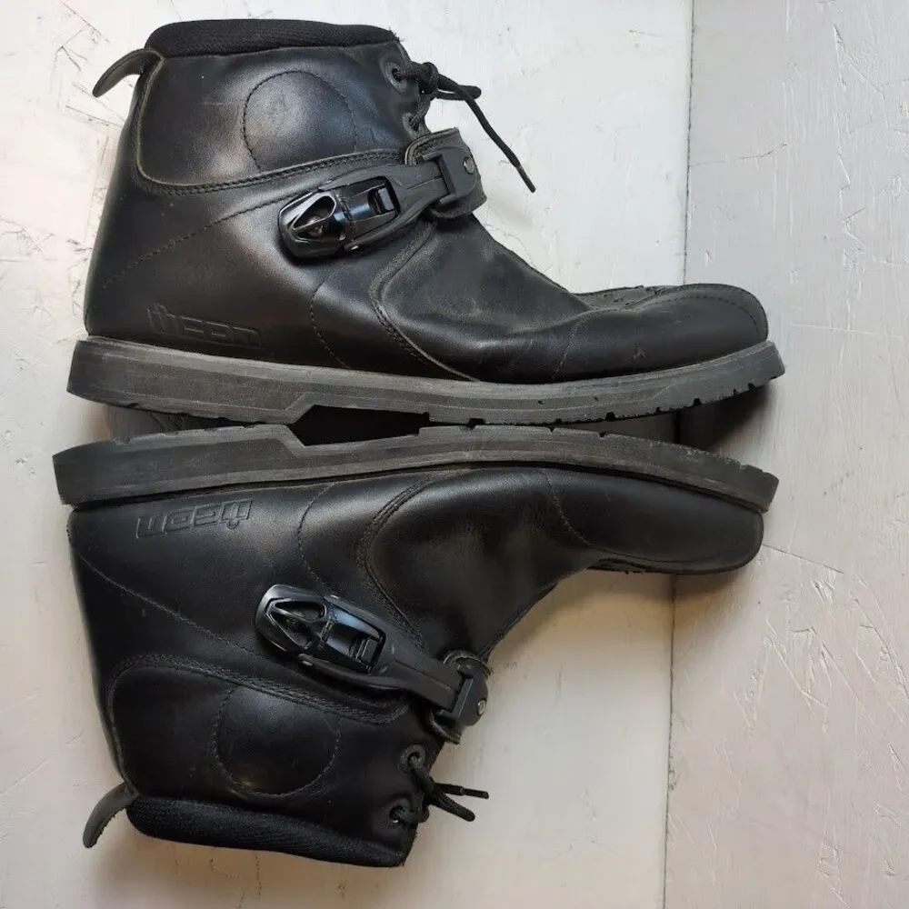 ICON Superduty 4 Black Leather Motorcycle Riding Boots Men’s Size 14 Footpeg